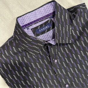 Zagiri XL men's button front shirt, black/purple with contrast trim, cotton